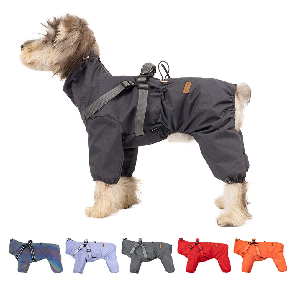 Dog Raincoat with Harness Waterproof Pet Rain Jacket for Small Dogs Adjustable Reflective Dog Rain Overalls with 4 Legs