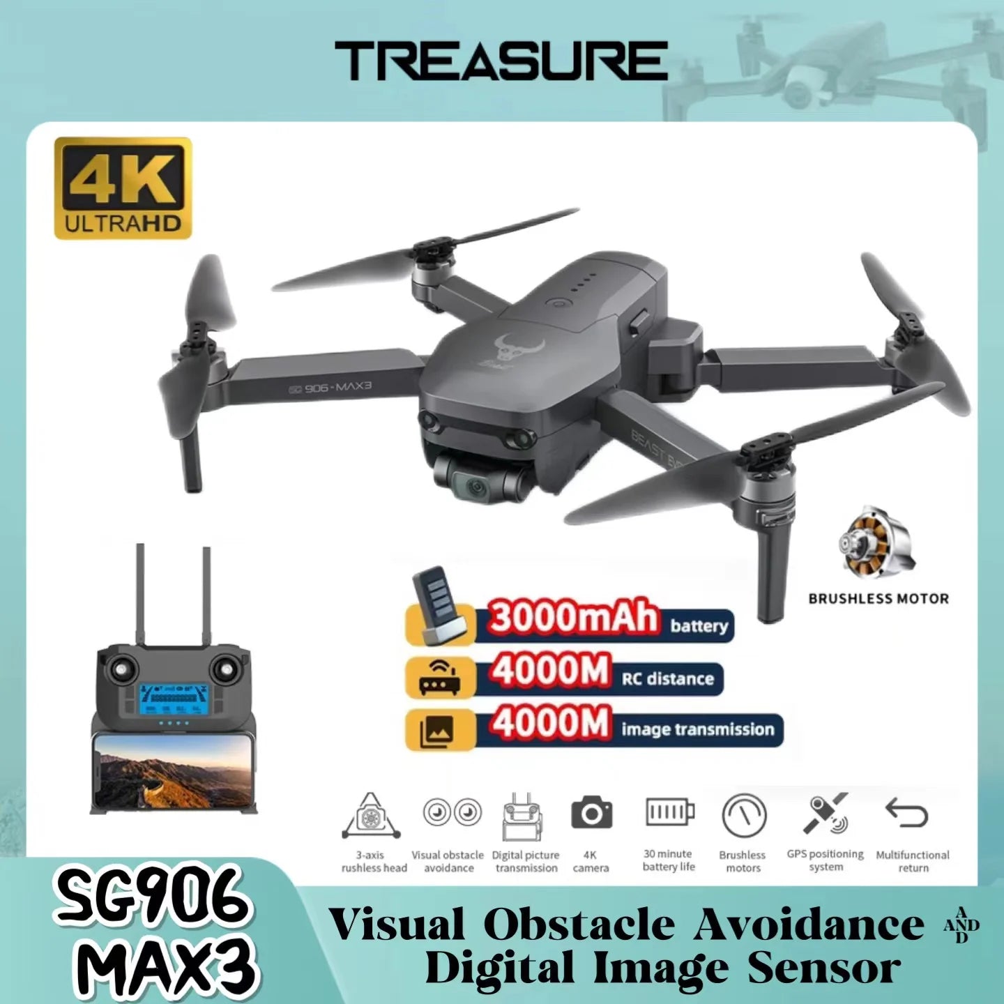 SG906 MAX3 Professional 4K Drone 3-Axis Gimbal FPV Camera Digital Transmission 4KM Mini Drone Obstacle Avoidance GPS Quadcopter