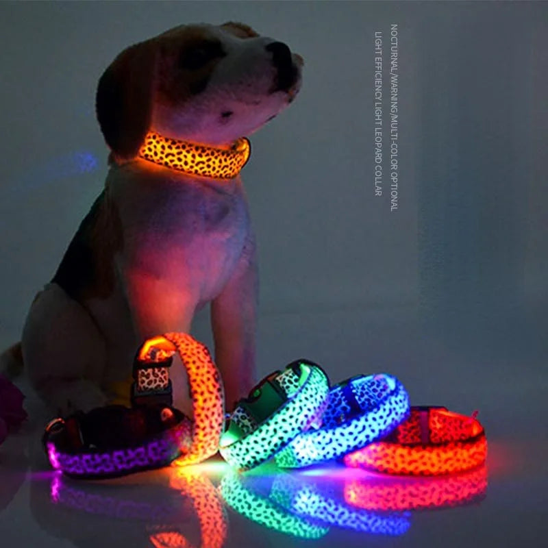 Pet LED Luminous Collar for Dog Adjustable Leopard Glow Cat Collar Night Safety Collar Teddy Golden Retriever for Walking Dogs